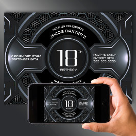 ブラックモダンシルバー18thバースデーパーティー 招待状