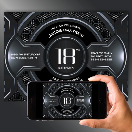 ブラックモダンシルバー18thバースデーパーティー 招待状