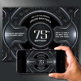 ブラックモダンシルバー75thバースデーパーティー 招待状