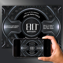 ブラックモダンシルバー80thバースデーパーティー 招待状