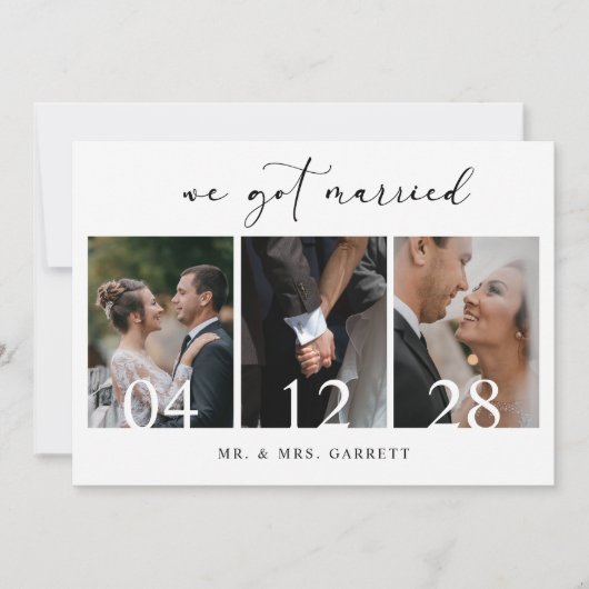 ブラックモダンシンプルたった今結婚しました追加結婚フォト 招待状 (正面)