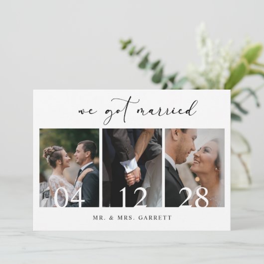 ブラックモダンシンプルたった今結婚しました追加結婚フォト 招待状 (スタンド正面)