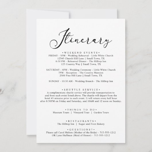 ブラックモダンシンプルのウェルカムレター&旅程 ノートカード (裏面)