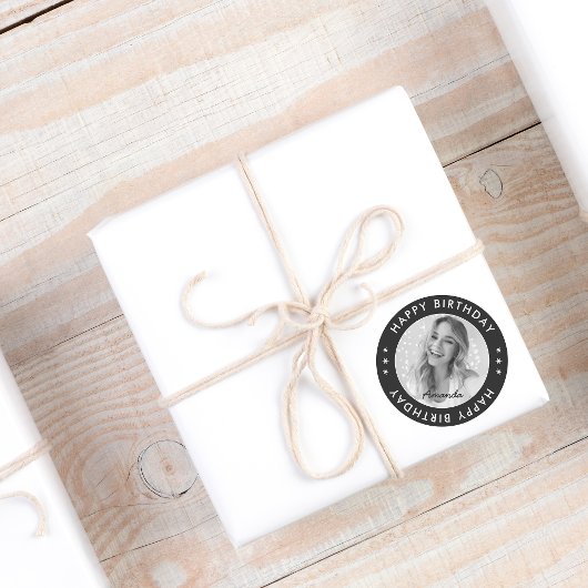 ブラックモダンシンプルクラシックハッピーバースデー写真 ラウンドシール