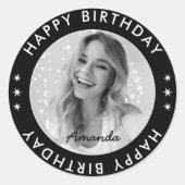 ブラックモダンシンプルクラシックハッピーバースデー写真 ラウンドシール (正面)