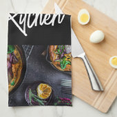 ブラックモダンスタイリッシュタイポグラフィカスタム写真 キッチンタオル (四つ折り)