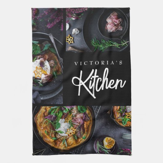 ブラックモダンスタイリッシュタイポグラフィカスタム写真 キッチンタオル (縦)