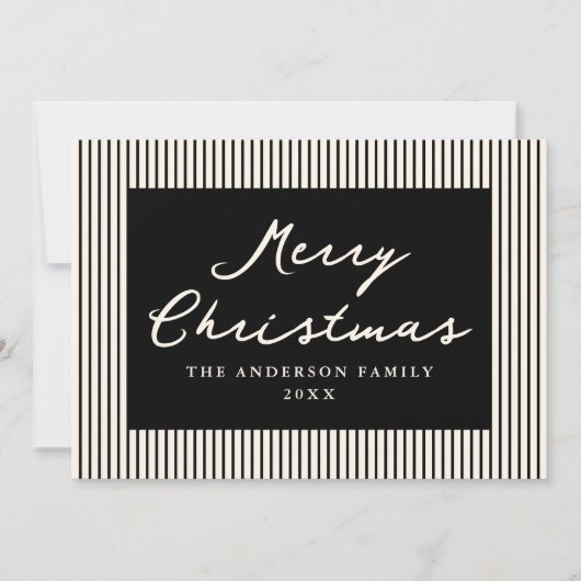 ブラックモダンストライプクリスマスメリークリスマスノンフォト シーズンカード (正面)