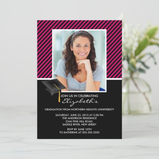 ブラックモダンストライプ卒業パーティー発表 招待状 (スタンド正面)