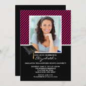 ブラックモダンストライプ卒業パーティー発表 招待状 (正面/裏面)