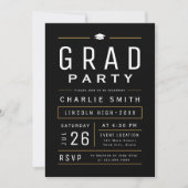ブラックモダンタイポグラフィシンプル卒業パーティー 招待状 (正面)