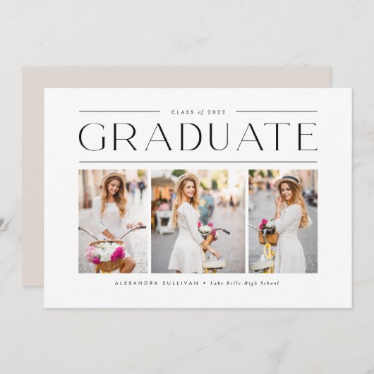 ブラックモダンタイポグラフィ3枚の写真卒業 案内状 (正面/裏面)