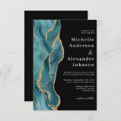 ブラックモダンティール(緑がかった色)アゲート金ゴールド結婚グリッター 招待状 (正面/裏面)