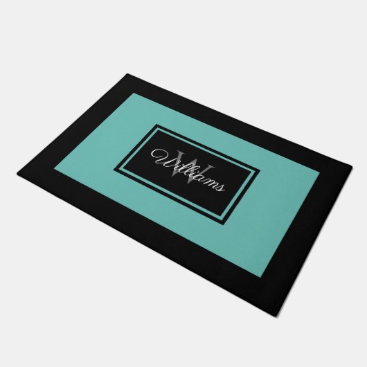 ブラックモダンティール(緑がかった色)ファミリーモノグラパーソナライズされたム ドアマット (アングル)