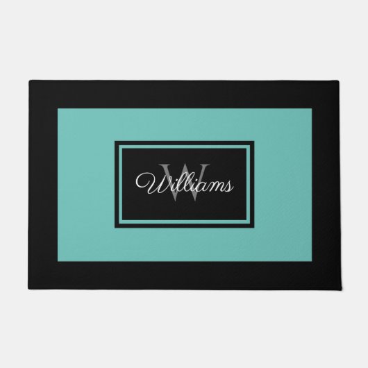 ブラックモダンティール（緑がかった色）ファミリーモノグラパーソナライズされたム ドアマット (正面)