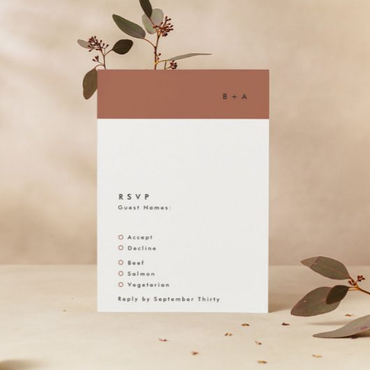 ブラックモダンテラコッタストライプモノグラム結婚ズ 出欠カード