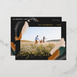 ブラックモダンテラミニマルコッタ水彩写真 箔シーズンポストカード<br><div class="desc">バジェット緑のテラコッタ抽象芸術水の色のモダンスクリプト1写真クリスマスカード。トレンドモダンンググリーン、ベージュとテラコッタのカラーウェイデザイン。</div>