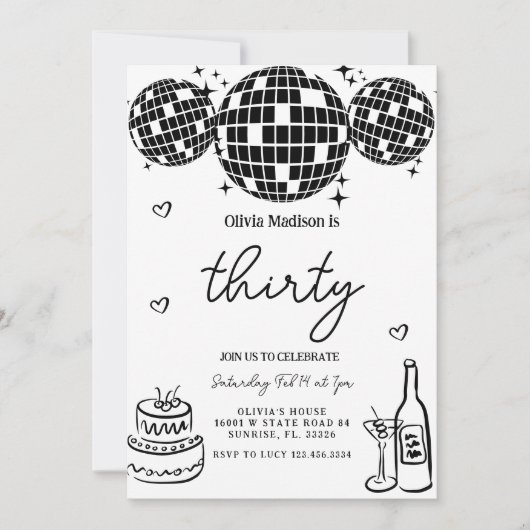 ブラックモダンディスコボール30rd誕生日パーティー 招待状 (正面)