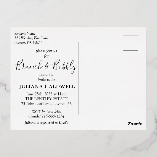 ブラックモダントロピカルブライダルブランチ&バブリー金ゴールド 箔招待状ポストカード (裏面)