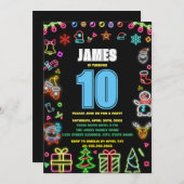 ブラックモダンネオングロークリスマスバースデーパーティー 招待状 (正面/裏面)