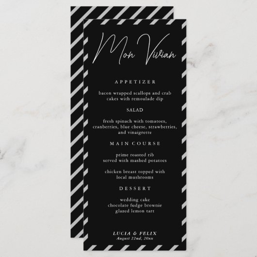 ブラックモダンネーム座席表結婚ズ・ディナー・カード メニュー (正面/裏面)