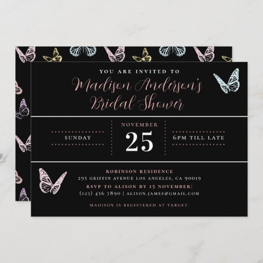 ブラックモダンパステルバタフライプリントブライダルシャワー 招待状 (正面/裏面)