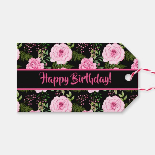 ブラックモダンビューティフルピンクローズハッピーバースデー ギフトタグ (正面(横))