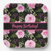 ブラックモダンビューティフルピンクローズハッピーバースデー ペーパープレート (正面)