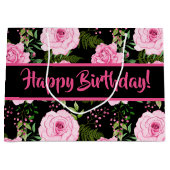 ブラックモダンビューティフルピンクローズハッピーバースデー ラージペーパーバッグ (正面)
