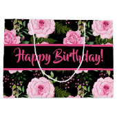 ブラックモダンビューティフルピンクローズハッピーバースデー ラージペーパーバッグ (裏面)