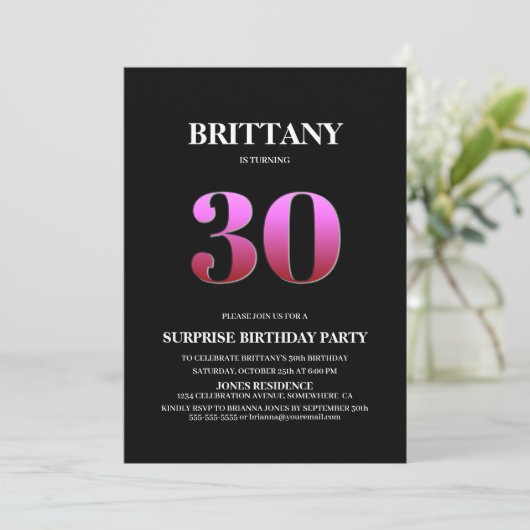 ブラックモダンピンクサプライズ30歳の誕生日 招待状 (スタンド正面)