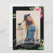 ブラックモダンピンクフローラ写真卒業パーティー 招待状 (正面)