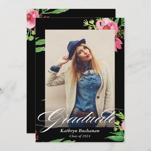 ブラックモダンピンクフローラ写真卒業パーティー 招待状 (正面/裏面)