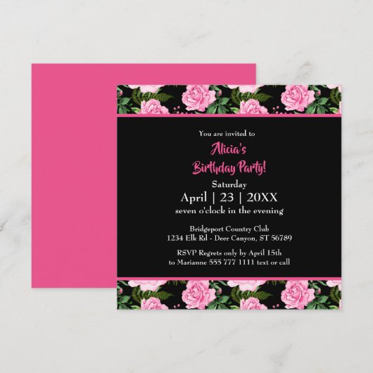 ブラックモダンピンクローズハッピーバースデー招待状 (正面/裏面)