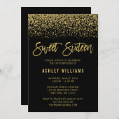 ブラックモダンフェイク金ゴールドグリッタースウィート16誕生日 招待状 (正面/裏面)