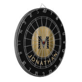 ブラックモダンブラシ付き金ゴールドモノグラム名 ダーツボード (正面左)