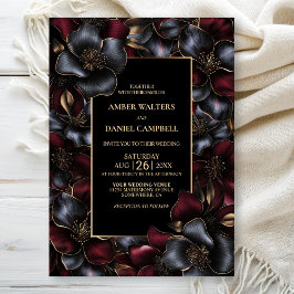 ブラックモダンブルゴーニュグレイフローラ結婚ズ 招待状