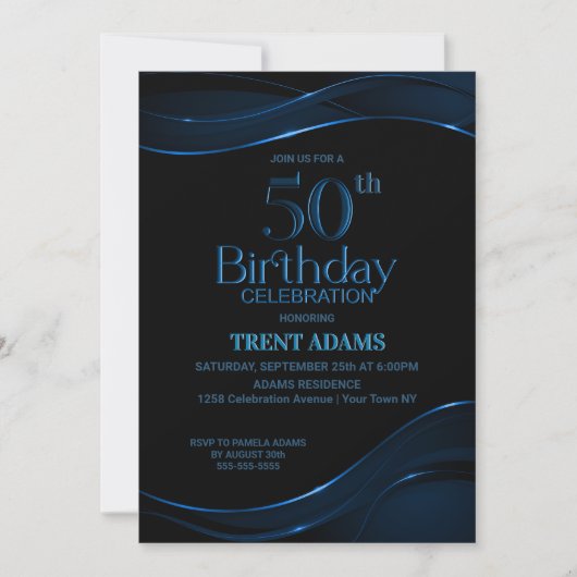 ブラックモダンブルー50th誕生日パーティー 招待状 (正面)