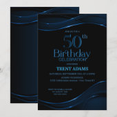 ブラックモダンブルー50th誕生日パーティー 招待状 (正面/裏面)
