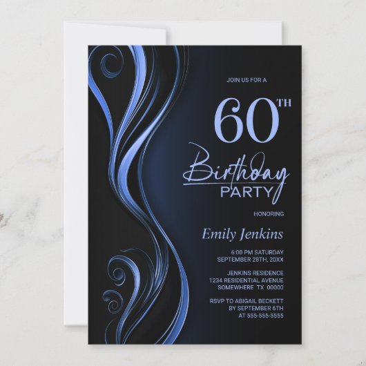 ブラックモダンブルー60th誕生日パーティー 招待状 (正面)