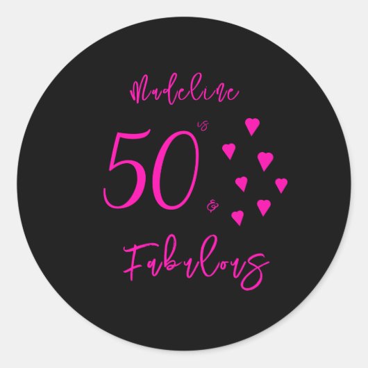 ブラックモダンホットピンクハート50誕生日 ラウンドシール (正面)