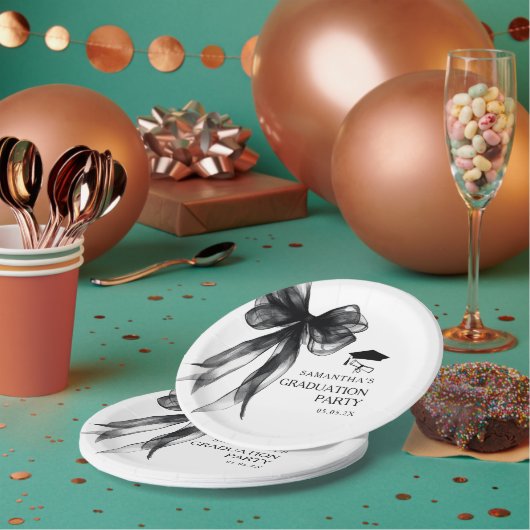 ブラックモダンボウ卒業式パーティー ペーパープレート (複数)