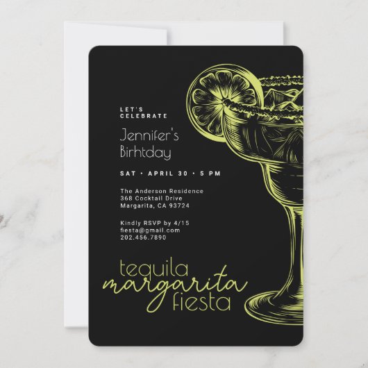 ブラックモダンマルガリタフィエスタバースデーパーティー 招待状 (正面)