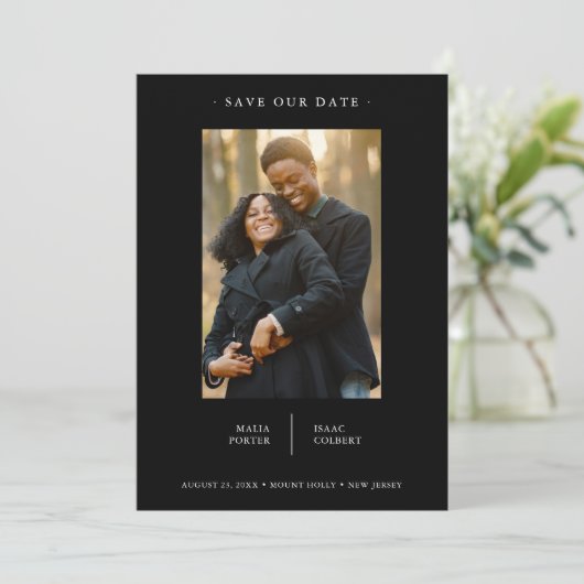 ブラックモダンミニマファンシーリストの写真結婚カップル セーブザデート (スタンド正面)