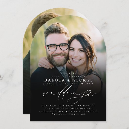 ブラックモダンミニマルハートス結婚クリプトの写真 招待状 (正面/裏面)