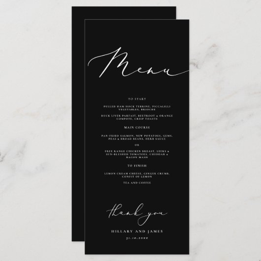 ブラックモダンミニマル書結婚道のディナー メニュー (正面/裏面)