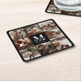 ブラックモダンモノグラムイニシャルファミリー名&写真 スクエアペーパーコースター