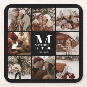 ブラックモダンモノグラムイニシャルファミリー名&写真 スクエアペーパーコースター (正面)