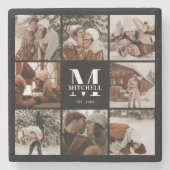 ブラックモダンモノグラムイニシャルファミリー名&写真 ストーンコースター (正面)