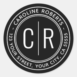 ブラックモダンモノグラムイニシャル差出人住所 ラウンドシール